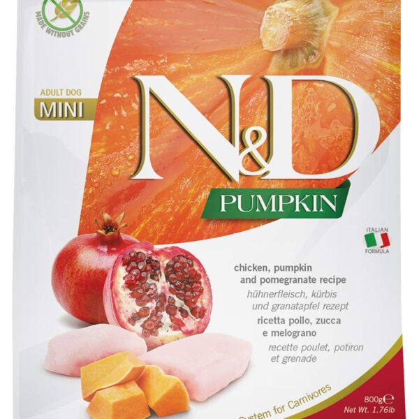 Farmina N&D Pumpkin Adult Mini Dog Food | Chicken, Pomegranate & Pumpkin | Rich in Anti-oxidants | Complete Food for Adult Dogs | 0.8kg | No Artificial Preservatives
