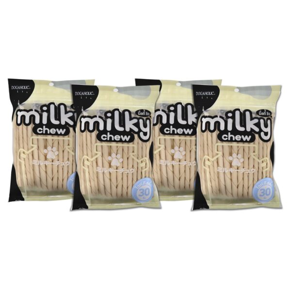 Dogaholic Milky Chew Stick Style Dog Treats Pack of 4, Milk-Flavoured Rawhide Chews for Dogs of All Ages and Sizes, Supports Strong Teeth and Bones, 30 Sticks Per Pack