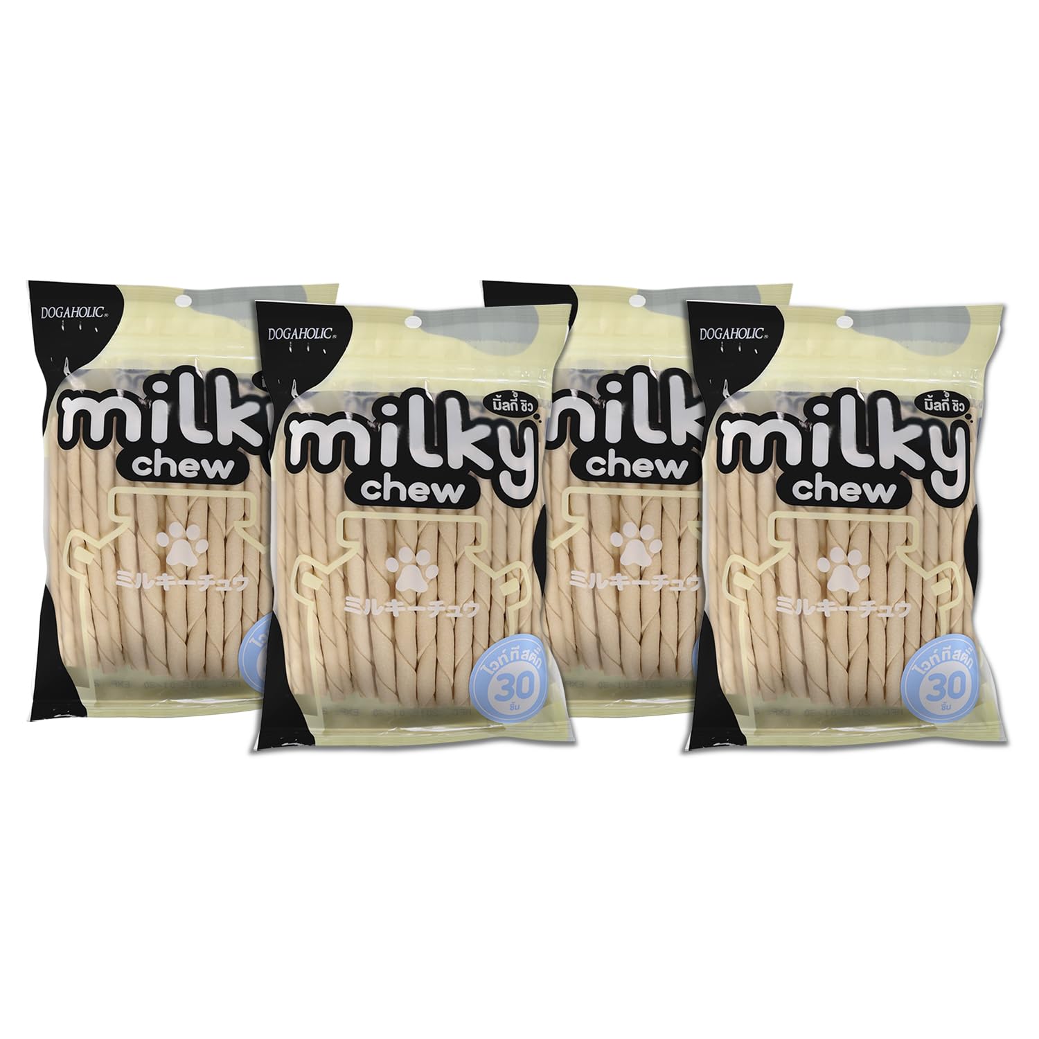 71q1-wNU-zL.716muWbBS5L.jpg Dogaholic Milky Chew Stick Style Dog Treats Pack of 4, Milk-Flavoured Rawhide Chews for Dogs of All Ages and Sizes, Supports Strong Teeth and Bones, 30 Sticks Per Pack - Image 1