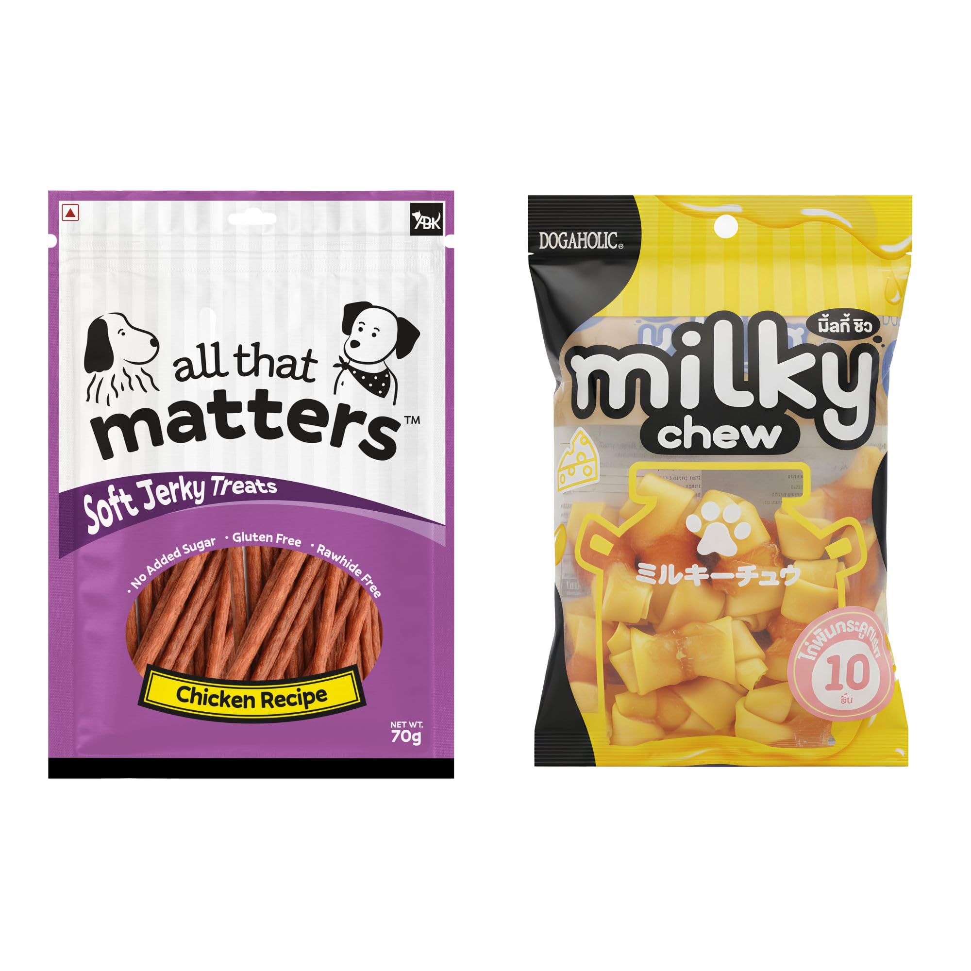 71qPXxuhPfL.716muWbBS5L.jpg Dogaholic Milky Chew Cheese Chicken Bone Style Dog Treats, 10 Pieces and All that Matters™ Soft Jerky Treats Chicken Recipe, 70g - Image 1