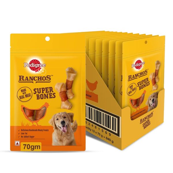 Pedigree Ranchos Super Bones (1+ Years) Dog Treats, Chicken & Milky Flavour, 70 g (Pack of 12), Low-Fat Treat With No Added Sugar