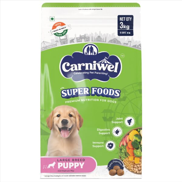 Carniwel Superfoods Puppy Dry Dog Food 3 Kg | 100% Vegetarian | Fresh & Natural Ingredients | Highly Palatable | GMO Free | Premium Nutrition for Large Dogs