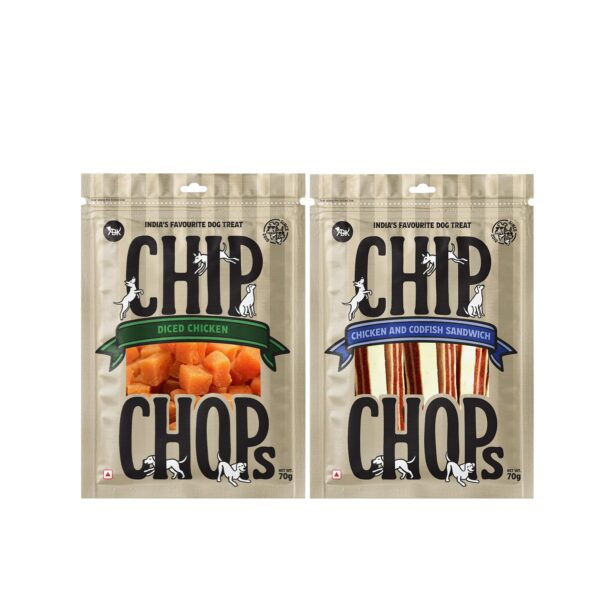 Combo of Chip Chop Dog Treat, Healthy Nutritious Treat, Diced Chicken & Chicken Codfish Sandwich, Easily Digestible, Used For Snacks, Training Treats, Suitable for All Dog Breeds, each 70 gm