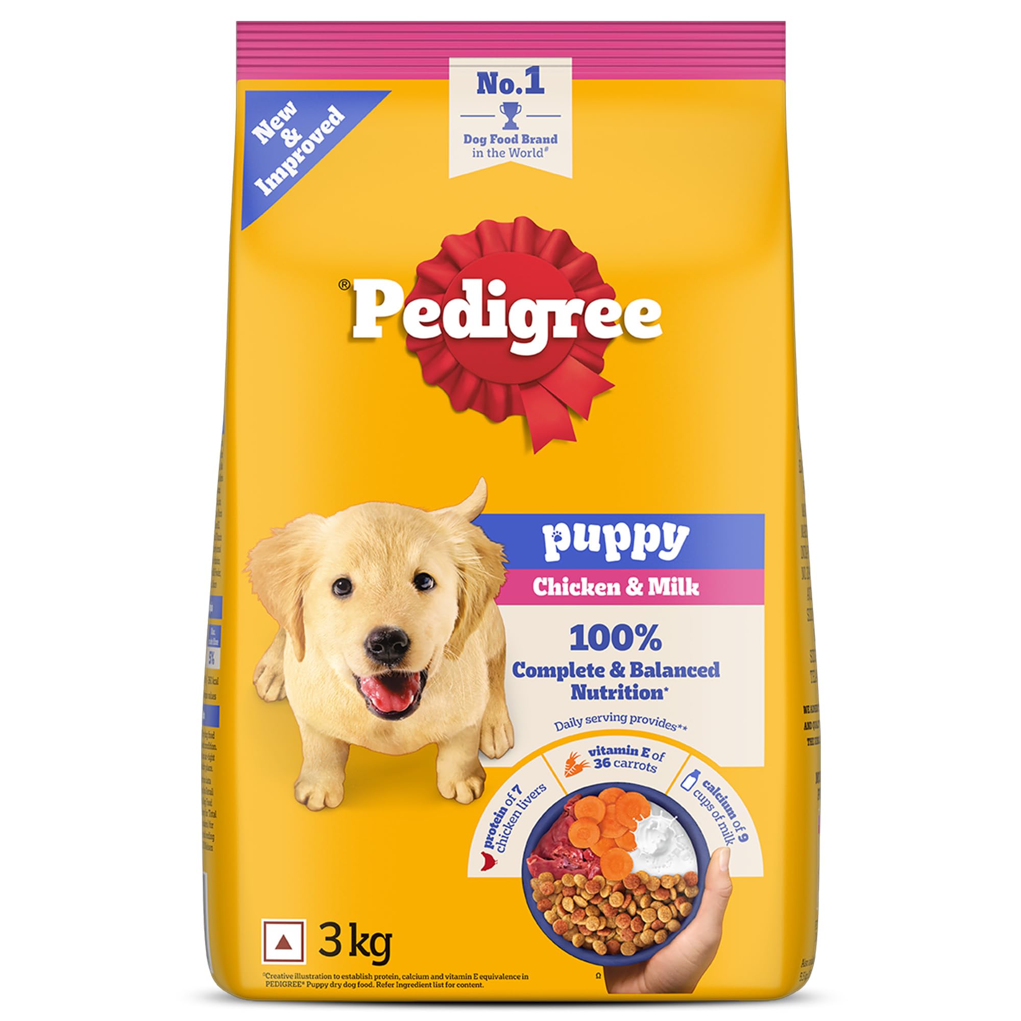 71sxUT6SUIL.716muWbBS5L.jpg Pedigree Puppy Dry Dog Food, Chicken & Milk, 3 kg, Contains 37 Essential Nutrients, 100% Complete & Balanced Food for Puppies - Image 1