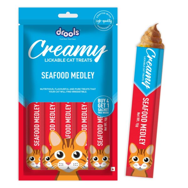 Creamy Lickable Cat Treats 375g (75g x 5 Sticks) | Seafood Medley | Easy to Hand Feed | Enriched with Vitamins & Protein