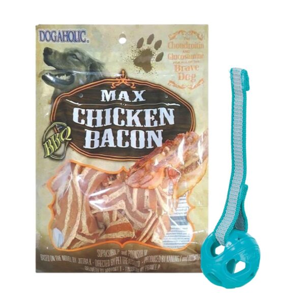 Trixie Honeycomb Ball with Rope Durable Chew & Tug Toy and Dogaholic Chicken Bacon Barbecue Flavour Dog Treats, Dog Toy & Treat Combo