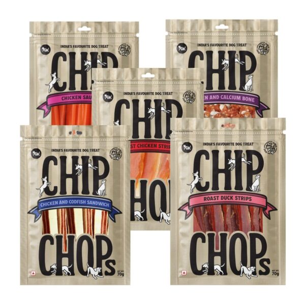 Chip Chop Dog Treats Combo Pack – High Protein Dog Treats & Healthy Dog Snacks, Chicken Strips, Calcium Bone, Codfish Sandwich & Roast Duck Strips, Training Treats 70g Each