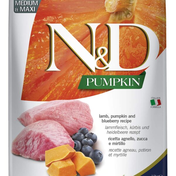 FARMINA N&D Pumpkin Dry Dog Pet Food, Grain-Free, Adult Medium & Maxi Breed, 12-kg, Lamb and Blueberry