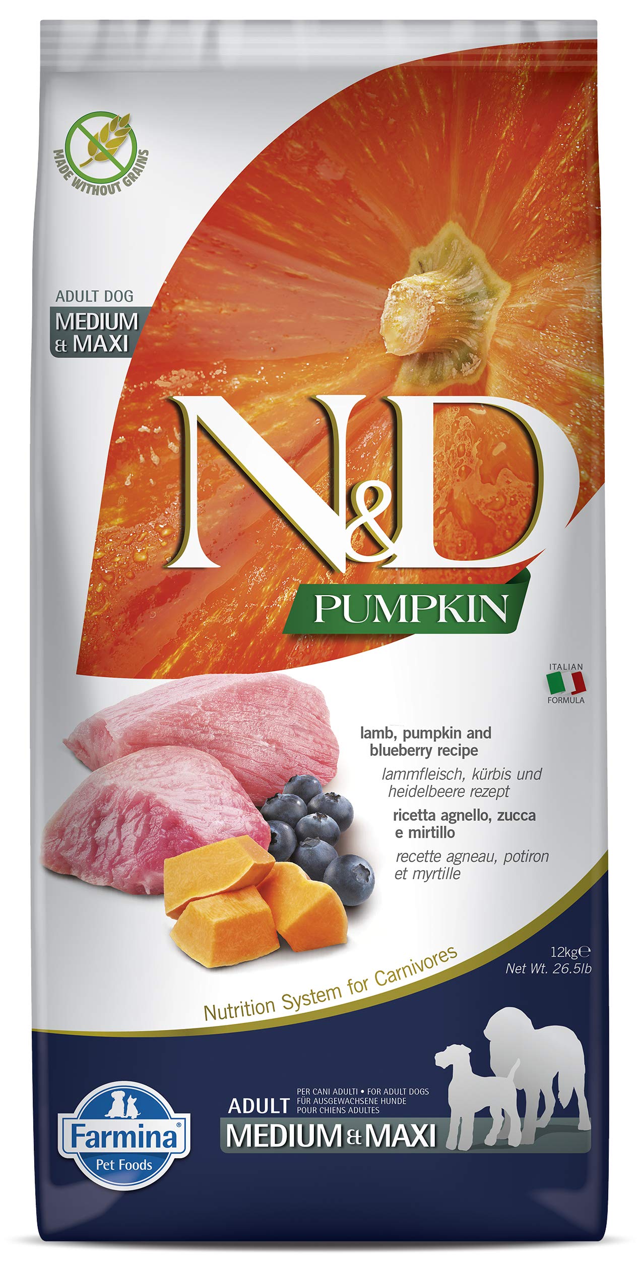 810jhGLAlKL.716muWbBS5L.jpg FARMINA N&D Pumpkin Dry Dog Pet Food, Grain-Free, Adult Medium & Maxi Breed, 12-kg, Lamb and Blueberry - Image 1