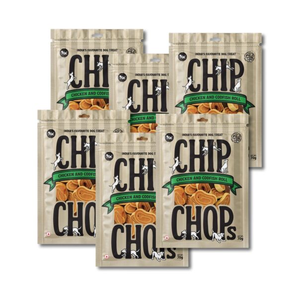 Chip Chops Chicken & Codfish Dog Treats | Highly Digestible & Nutritional Dog Snacks | Chicken and Fish Rolls for Dogs – 70g Pack of 6