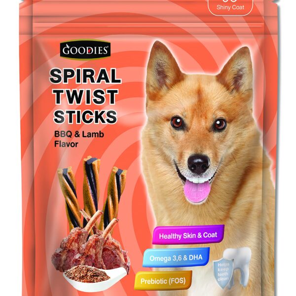 Goodies Dog Energy Treats Spiral Twist Stick Chicken BBQ & Lamb Flavor 98% Healthy Snack & Training Treat, Best for Dog (1 x 450g) with Free Jerhigh Milky Stick 20g (Newly Launched)