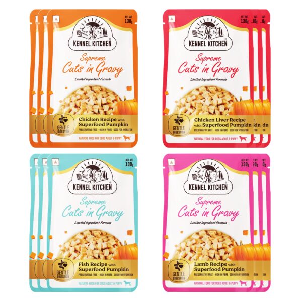 Supreme Cuts in Gravy Variety Pack, 130g (Pack of 12) | Chicken, Chicken Liver, Lamb and Fish Recipe | Wet Dog Food for Adult and Puppy