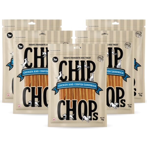 Chip Chops Chicken & Codfish Sandwich Dog Treat - 70gm (Pack of 5) | Optimum Health Formula | Treat for All Breed Sizes of Dogs - Sold by Foodie Puppies with Free Key Ring