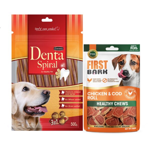 Goodies Dental Spiral (500g) + Chicken Cod Roll 70g for Dog of All Life Stages,  (Pack of 2)