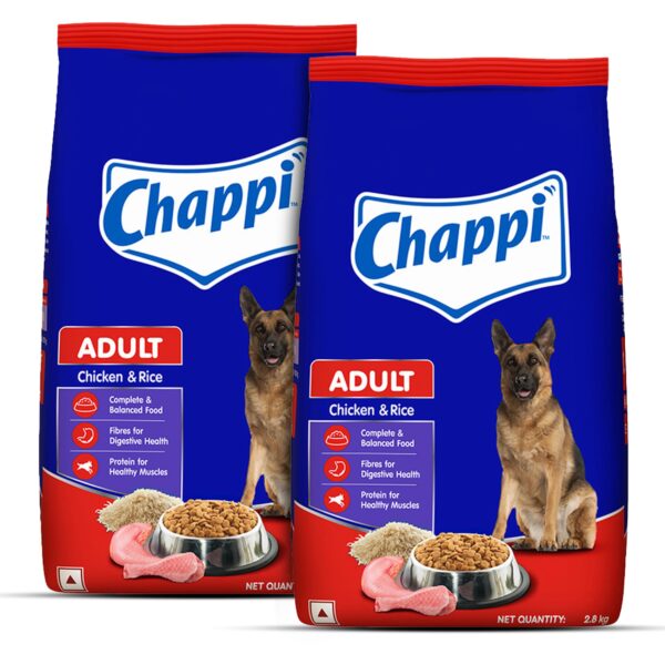 Chappi Adult (1+ Years) Dry Dog Food, Chicken & Rice, 2.8 kg, Complete and Balanced Food for Adult Dogs (Pack of 2)