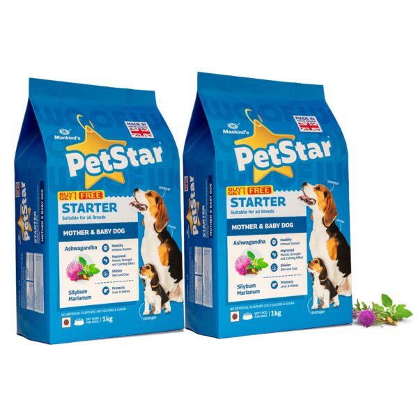Mankind PetStar Starter Dry Dog Food (High Protein) for Mother & Puppy, 1kg (Pack of 2) | Improves Muscle & Strength, Supports Immunity, Protects Liver & Kidney