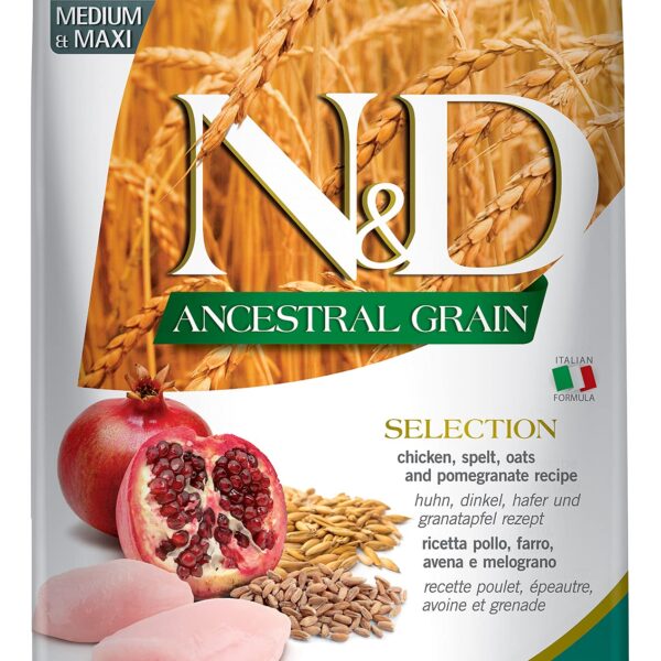 FARMINA PET FOODS Ancestral Grain Selection Dry Dog Food, Adult Medium & Maxi Breed, 12kg + 3kg Free, Chicken and Pomegranate