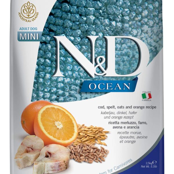 FARMINA PET Foods Ocean Dry Dog Food, Low Grain, Adult Mini Breed, 2.5-kg, Spelt Oats Codfish and Orange