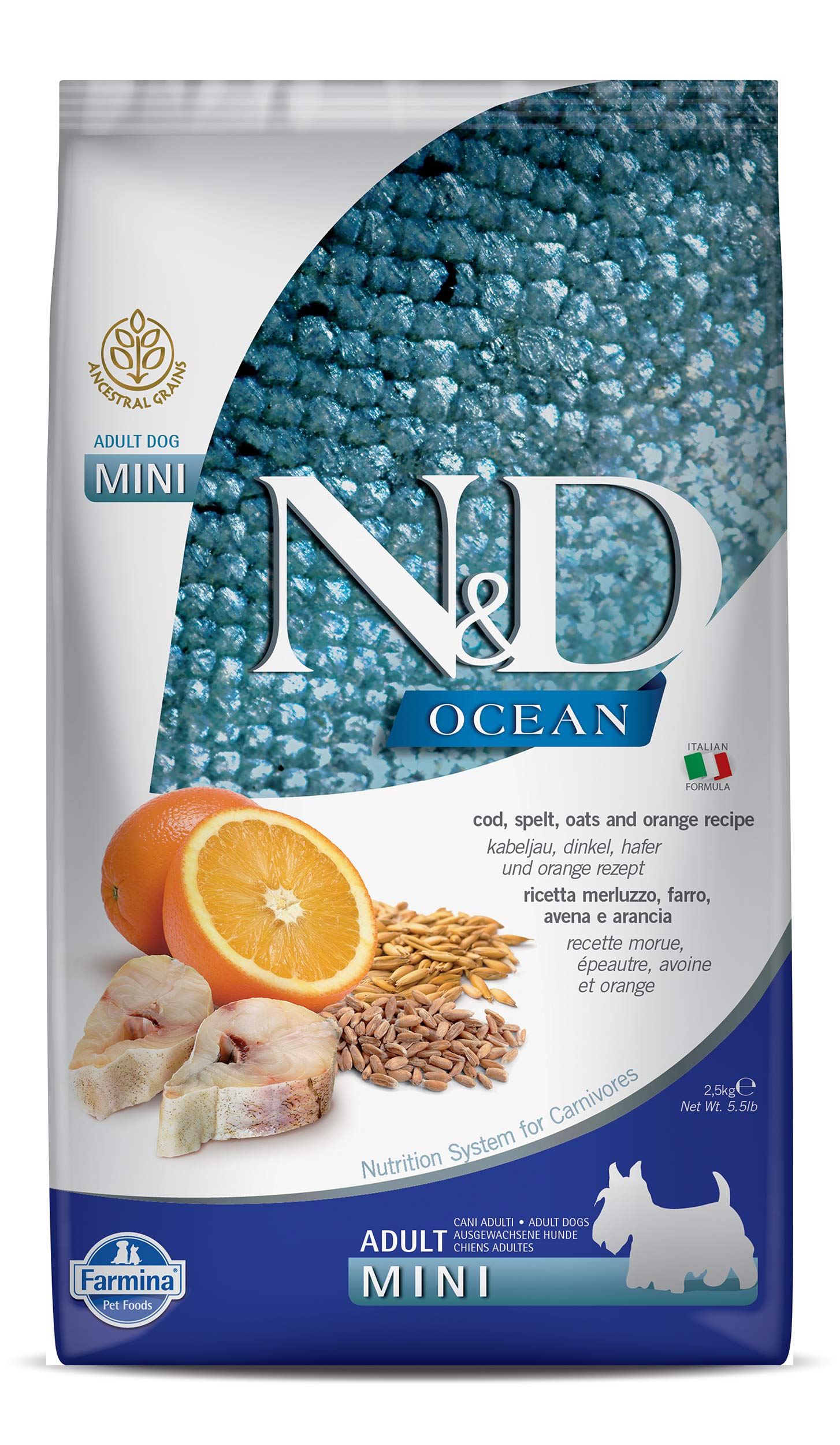 81SysaWFeWL.716muWbBS5L.jpg FARMINA PET Foods Ocean Dry Dog Food, Low Grain, Adult Mini Breed, 2.5-kg, Spelt Oats Codfish and Orange - Image 1