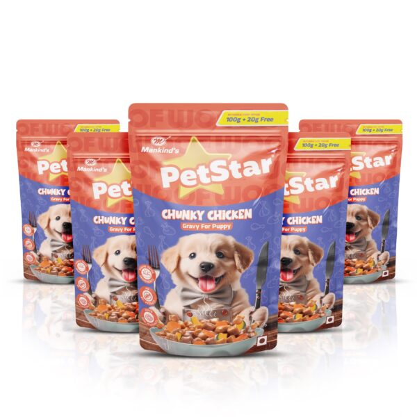 Mankind Petstar Puppy Wet Dog Food (High Protein) Chunky Chicken Gravy, 120g (Pack of 5) | Made with Real Chicken & Veggies |Puppy Dog Food| No Artificial Flavors