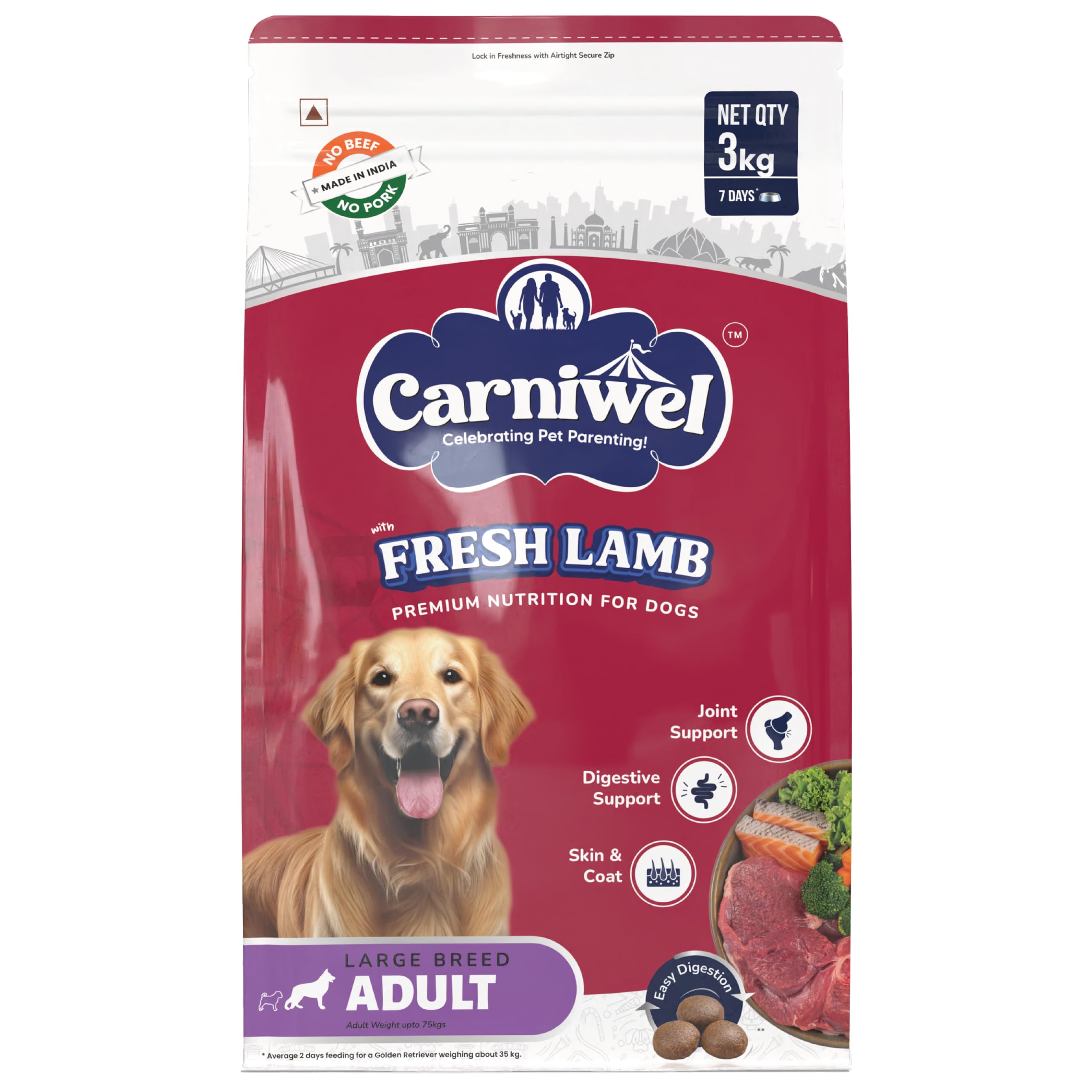 81WllhdiEuL.716muWbBS5L.jpg Carniwel Fresh Lamb Adult Dry Dog Food 3 Kg | Natural Ingredients for Optimal Skin & Coat Health | Highly Palatable | Supports Joint Health | Tailored, Premium Nutrition for Large Dogs - Image 1
