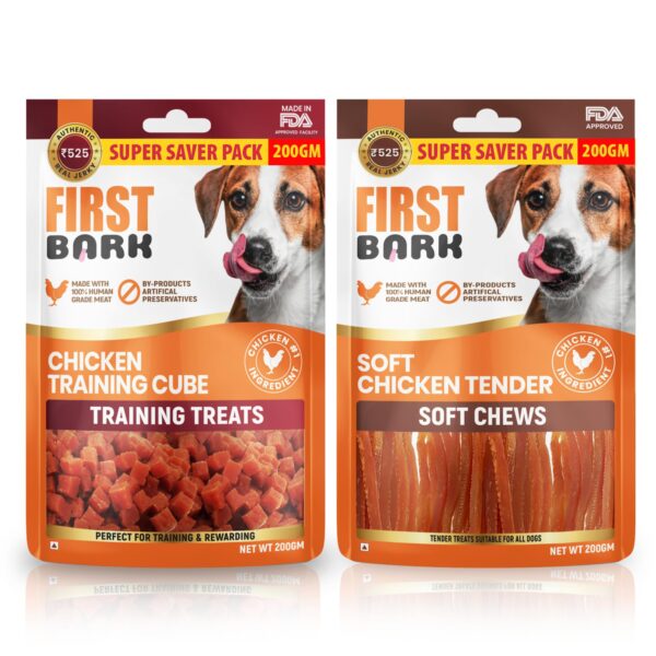 FirstBark Dog Treats for Adult Dog & Puppy – Soft Chews & Training Chicken Jerky for Dogs, Small Dogs & Shih Tzu | Dog Snacks & Puppy Treats-Chicken Training Cubes + Soft Chicken Tenders (200g) x2