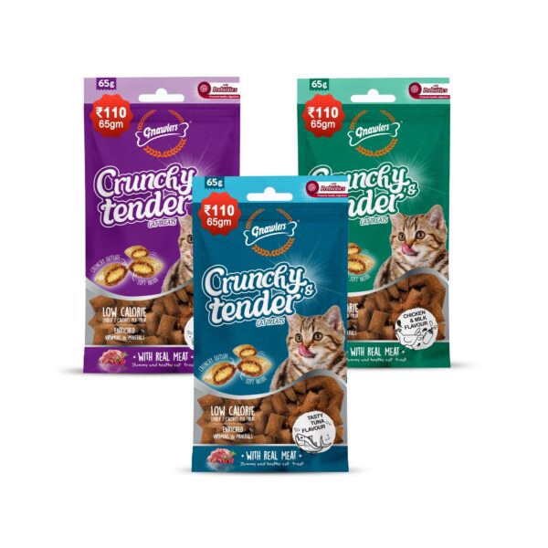 Crunchy & Tender Cat Treats 65g - Tasty Tuna, Salmon, Chicken& Milk Flavour (Pack of 3) Newly Launched By shubhdoggolife