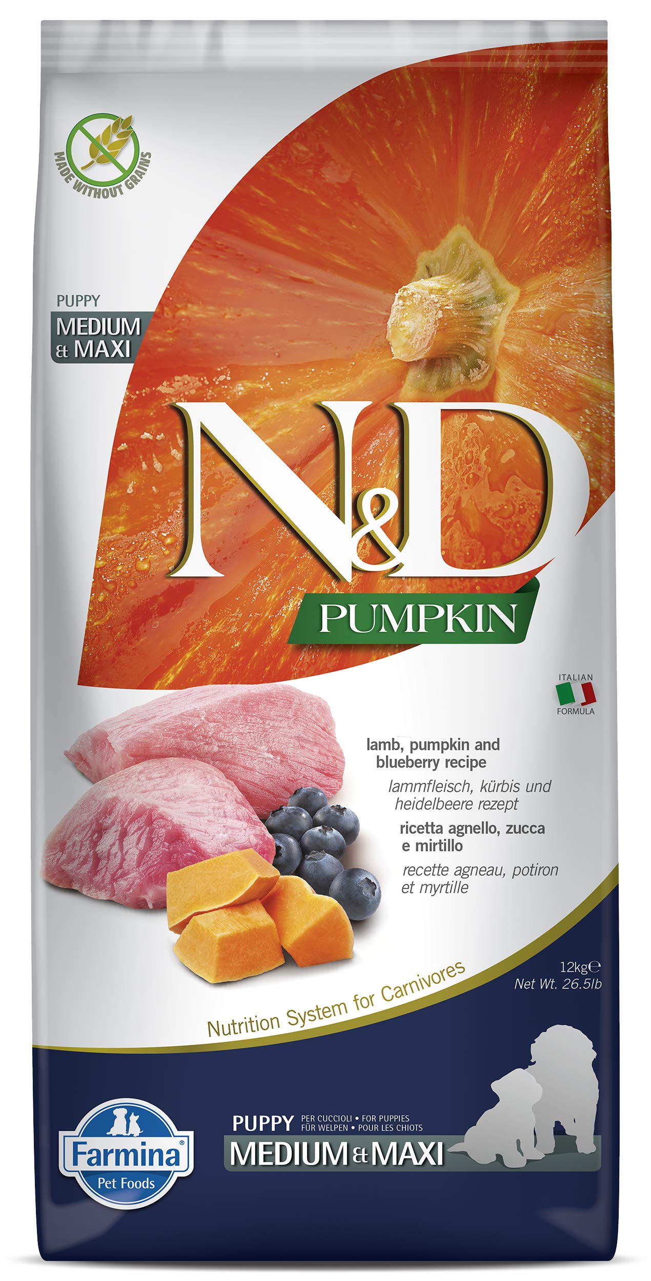 81eyy8YKT4L.716muWbBS5L.jpg Farmina N&D Pumpkin Puppy Med/Maxi Dog Food | Lamb, Blueberry & Pumpkin |Rich in Anti-oxidants| Complete Food for Puppies | 12kg | No Artificial Preservatives - Image 1