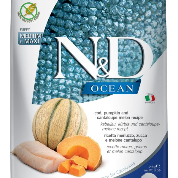 Farmina N&D Ocean Puppy Med/Maxi Dog Food | Cod, Pumpkin & Cantaloupe Melon | Supports Growth & Development | Complete Food for Puppies & Gestating| 2.5kg