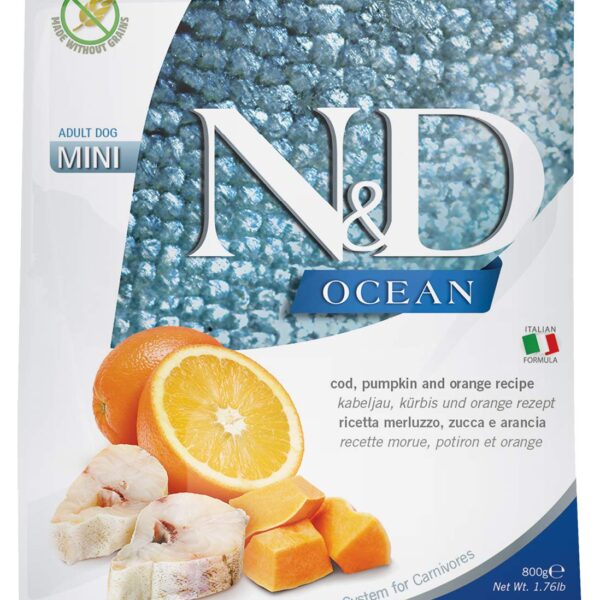 Farmina N&D Ocean Adult Mini Dog Food | Codfish & Orange | Supports Overall Health | Complete Food for Adult Dogs | 0.8kg | No Artificial Preservatives