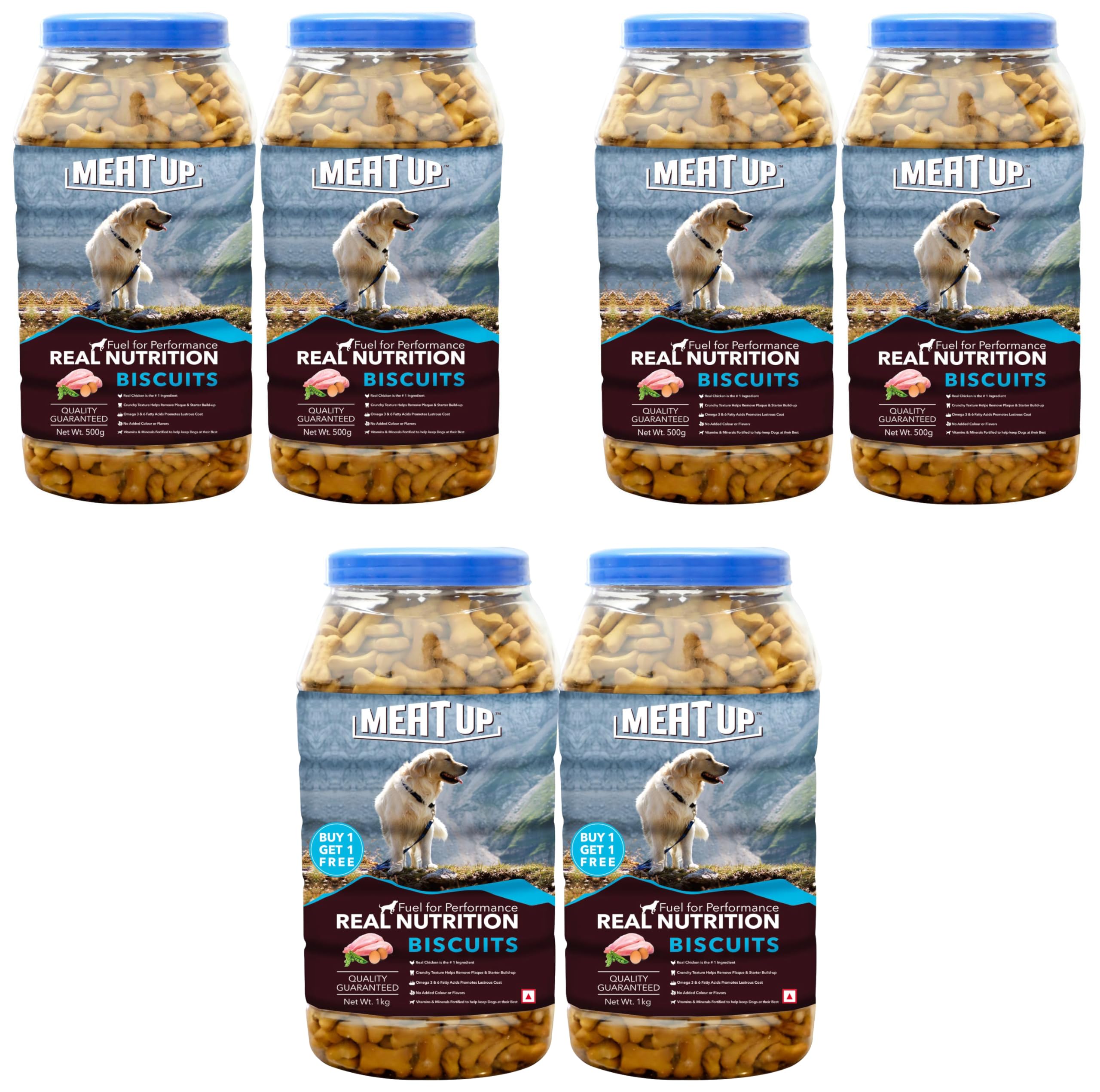 81rq8nzr1oL.716muWbBS5L.jpg Meat Up Mutton Flavour, Real Chicken Biscuit 1 kg (Buy 1 Get 1 Free), Total 2kg & Chicken Dog Biscuit for All Life Stages, 500g (Buy 1 Get 1 Free) & Chicken Biscuit for Dog 500g (Buy 1 Get 1 Free) - Image 1