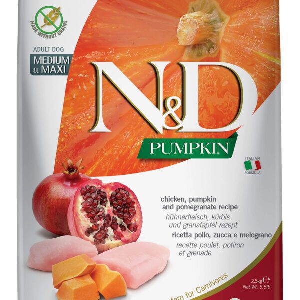 Farmina N&D Pumpkin Adult Medium/Maxi Dog Food | Chicken, Pomegranate & Pumpkin |Rich in Anti-oxidants| Complete Food for Adult Dogs | 2.5kg | No Artificial Preservatives