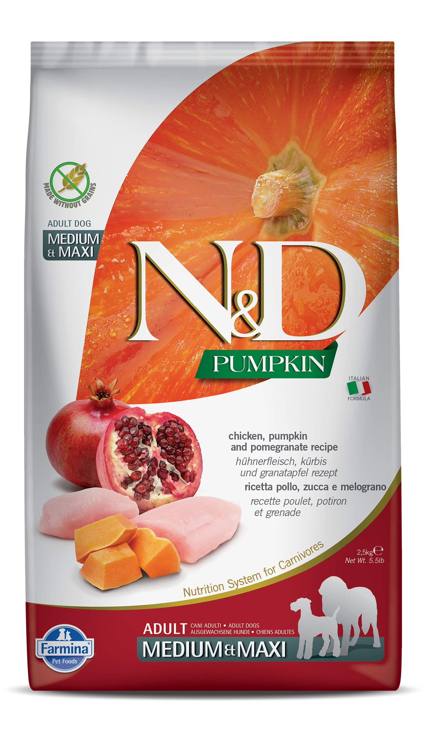 81tBm16wnHL.716muWbBS5L.jpg Farmina N&D Pumpkin Adult Medium/Maxi Dog Food | Chicken, Pomegranate & Pumpkin |Rich in Anti-oxidants| Complete Food for Adult Dogs | 2.5kg | No Artificial Preservatives - Image 1