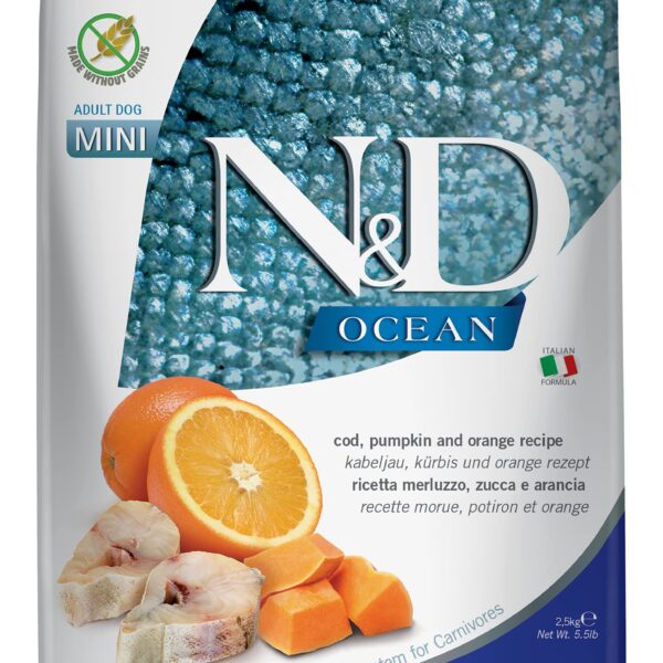 Farmina N&D Ocean Adult Mini Dog Food | Codfish & Orange | Supports Overall Health |Complete Food for Adult Dogs | 2.5kg | No Artificial Preservatives