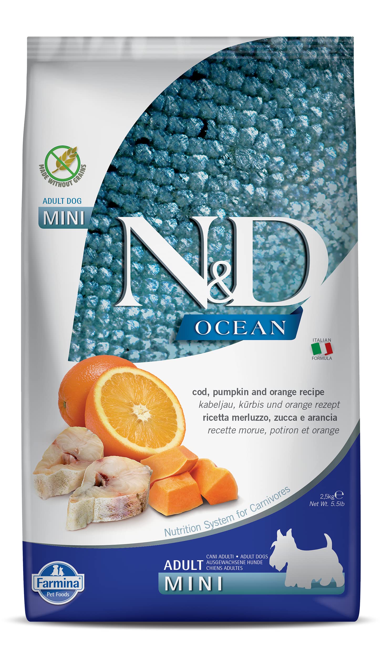 81tjxBNSC1L.716muWbBS5L.jpg Farmina N&D Ocean Adult Mini Dog Food | Codfish & Orange | Supports Overall Health |Complete Food for Adult Dogs | 2.5kg | No Artificial Preservatives - Image 1