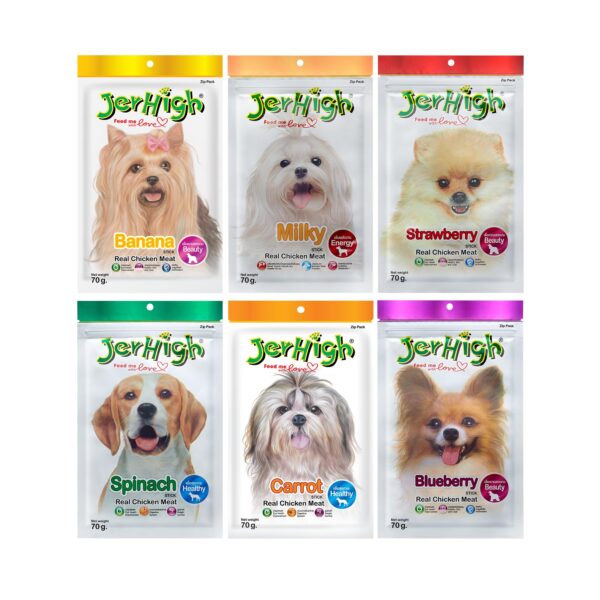Real Chicken Food Treat Spinach, Blueberry, Carrot, Strawberry, Milk, Banana Flavor 6 Pack Combo Set 70G for Dogs by Dogsncats, All Life Stages