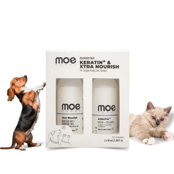 Moe Puppy Discovery Pack – Keratin Plus & Xtra Nourish Shampoo Combo | 2 x 50ml | Gentle Pet Shampoo for Soft, Shiny, Tangle-Free Coat – Suitable for Dogs & Cats