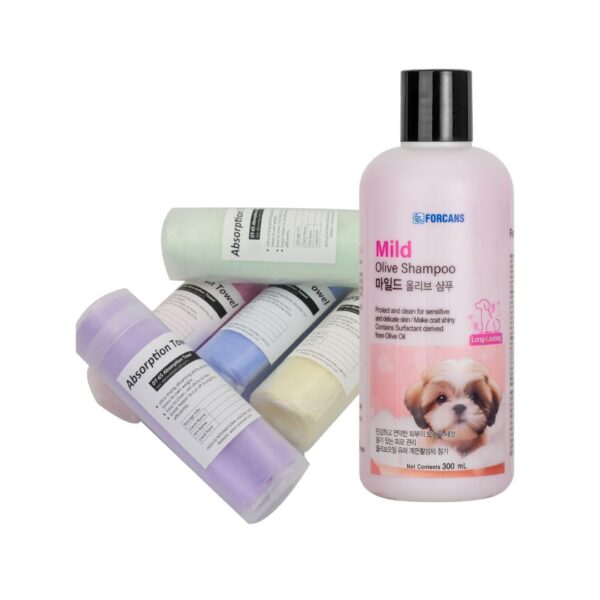 Forcans Mild Olive Shampoo for Dogs with Long Coats (300ml) & Ultra-Absorbent Dog Towel – Moisturizing & Soothing Grooming Combo for Dogs & Cats