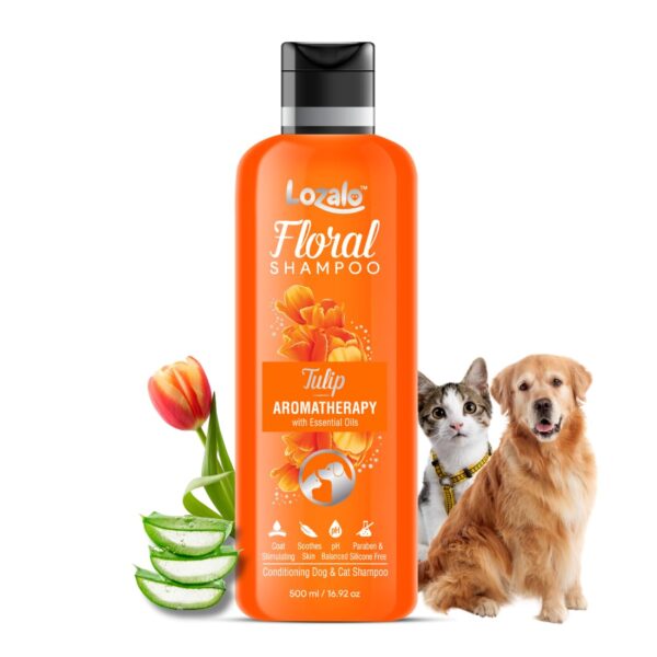 Lozalo Floral Aromatherapy Pet Conditioning Shampoo - 500ml, Tulip Fragrance, Coat Cleansing, Odour Control Shampoo for Dogs & Cats, with Aloe Vera Extract and Saffron Essential Oil