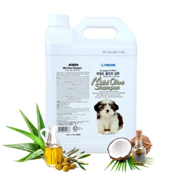 Forcans Natural Mild Olive Puppy & Kitten Shampoo 4L | Aloe Vera Gel, Moisturizing & Gentle Pet Wash | Shiny Healthy Coat Care for Sensitive, Weak & Trouble-Prone Skin | Mild Grooming Shampoo